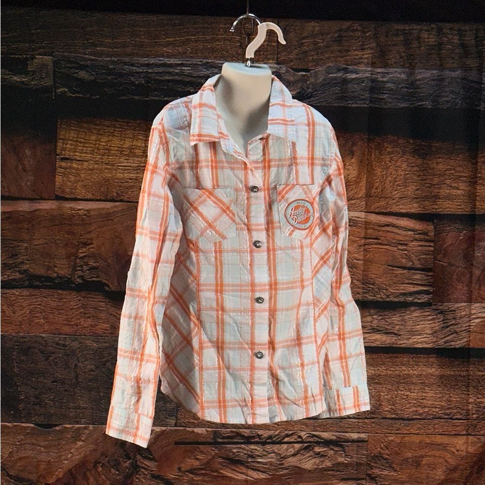Harley-Davidson White and Orange Plaid Button-Down Shirt - Kids